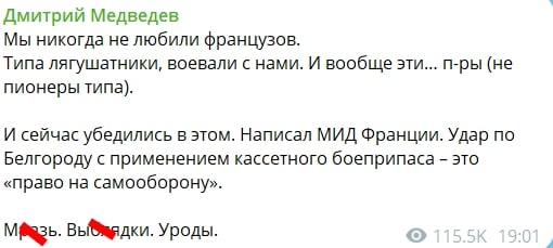 ​"И вообще эти… п-ры", - у Медведева срыв из-за заявления МИД Франции по Белгороду