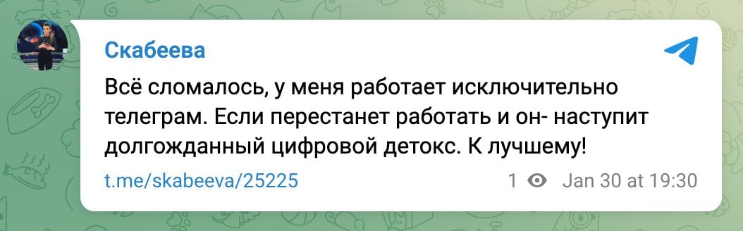 ​"Работает только Telegram", - у Скабеевой "все сломалось" из-за обвала "Рунета"