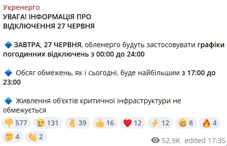 ​Будет сложно: в "Укрэнерго" дали прогноз на 27 июня