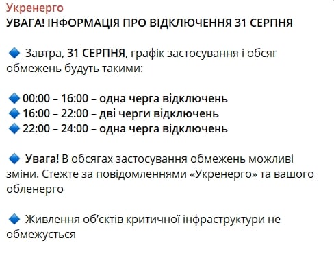 ​Пока непросто: в "Укрэнерго" рассказали о графиках света 31 августа