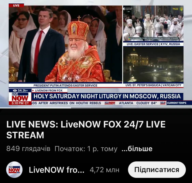 ​Fox News транслировал службу РПЦ с участием Путина и Гундяева и назвал Киев "Россией"