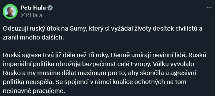 "Угрожает безопасности всей Европы", – в Чехии бьют тревогу, что удар РФ по Сумам предвещает больший террор