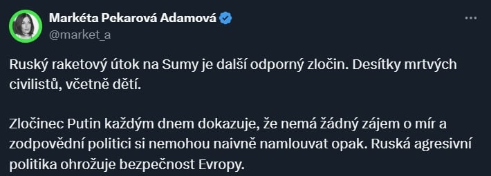 "Угрожает безопасности всей Европы", – в Чехии бьют тревогу, что удар РФ по Сумам предвещает больший террор