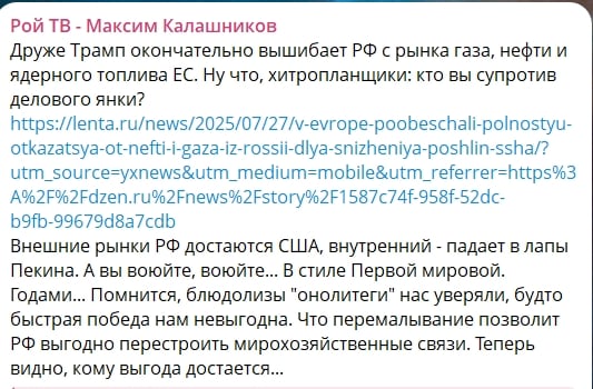 "Внешние рынки достались США, внутренний — в лапах Китая", — Z-патриот заподозрил, что Путин ошибся