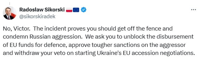 Комментарий Орбана об атаке российских дронов на Польшу вызвал у Сикорского жесткий ответ