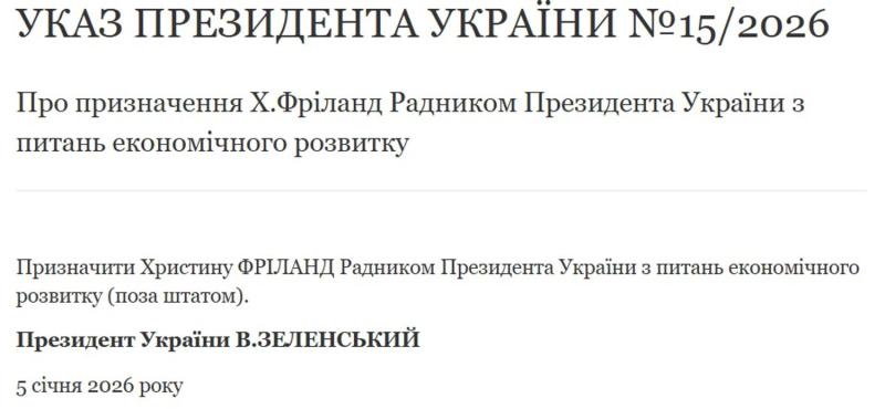 Зеленский назначил Христю Фриланд советником по вопросам экономического развития